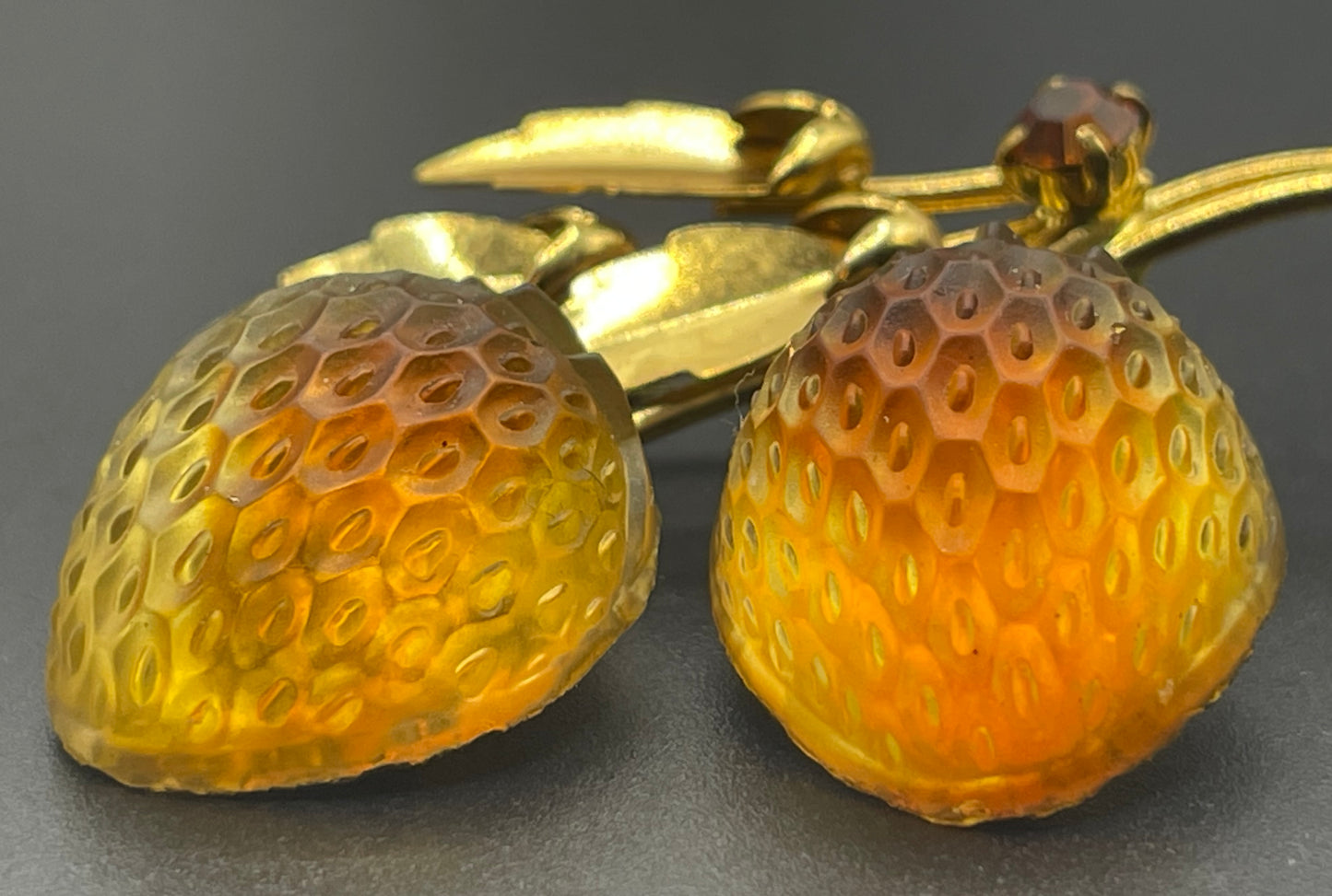 Vintage Austrian crystal bi-colour moulded glass fruit brooch in gold tone with citrine yellow and topaz orange colours