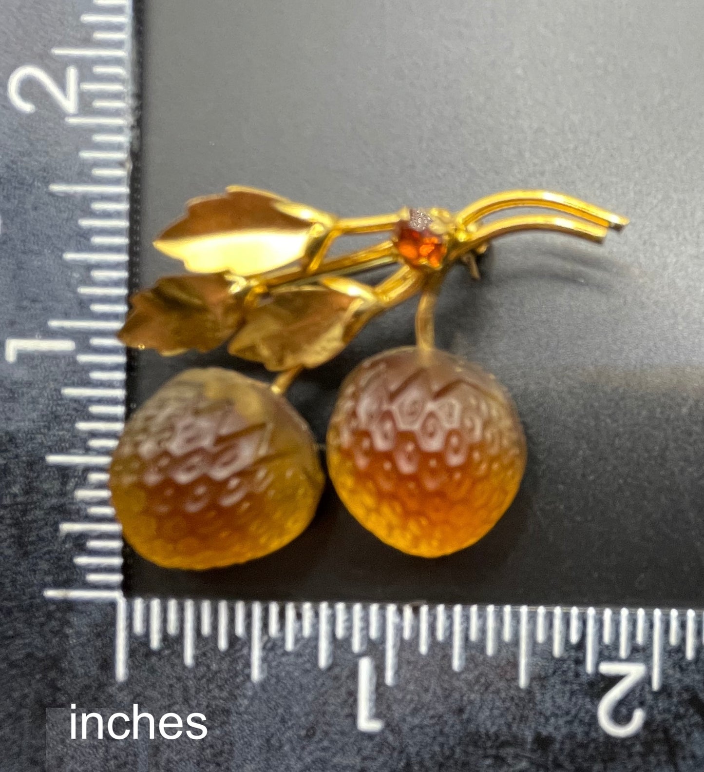 Vintage Austrian crystal bi-colour moulded glass fruit brooch in gold tone with citrine yellow and topaz orange colours