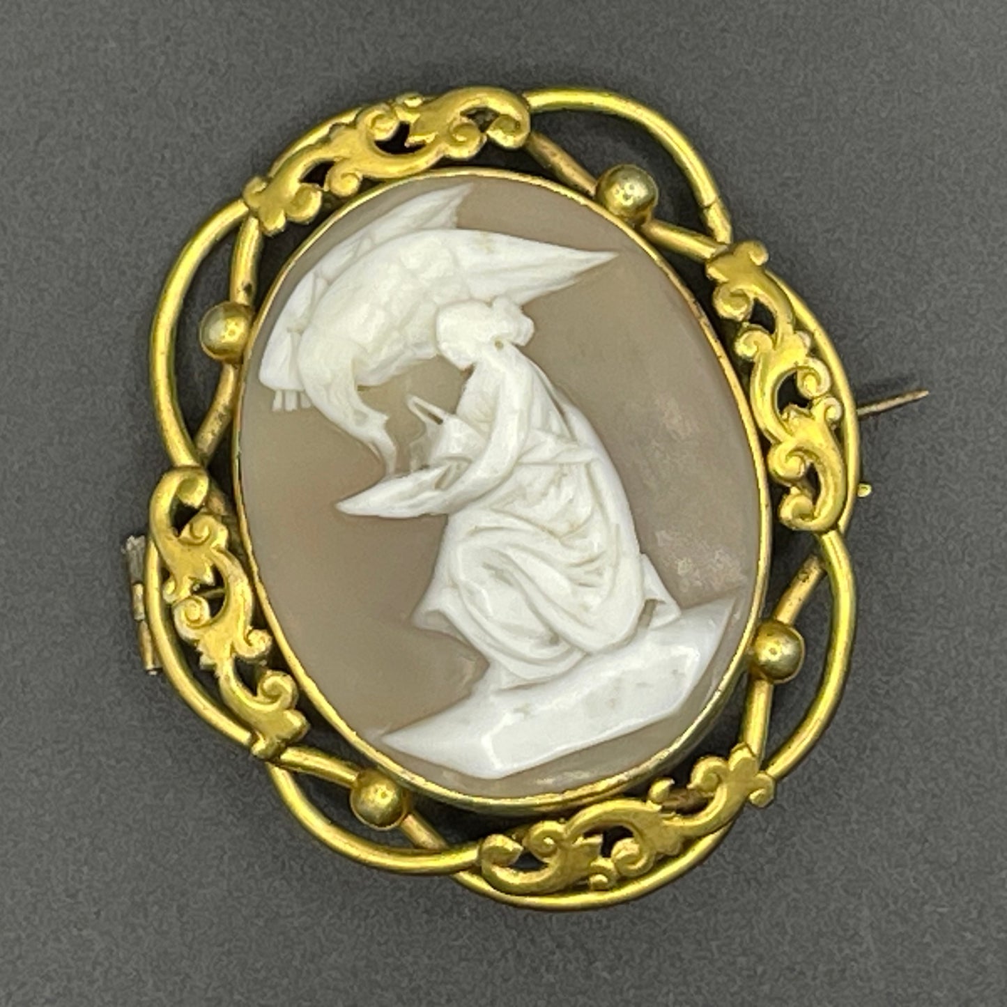 Large vintage hand-carved shell cameo brooch, pretty scalloped edges, depicting Hebe and Zeus as an eagle (some say Leda & Zeus as a swan)
