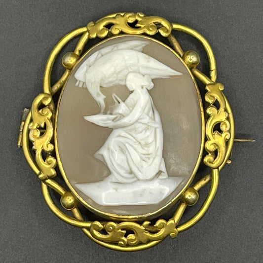 Large vintage hand-carved shell cameo brooch, pretty scalloped edges, depicting Hebe and Zeus as an eagle (some say Leda & Zeus as a swan)