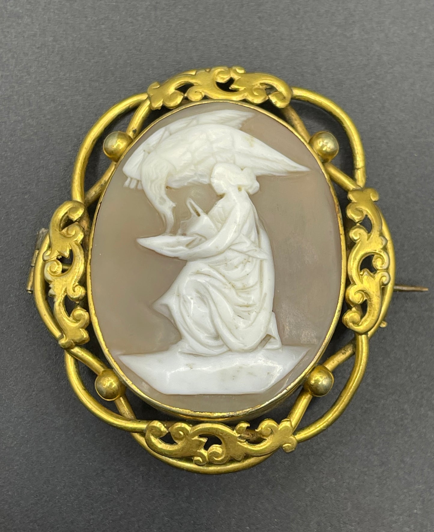Large vintage hand-carved shell cameo brooch, pretty scalloped edges, depicting Hebe and Zeus as an eagle (some say Leda & Zeus as a swan)