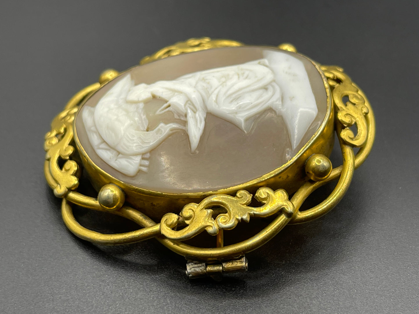 Large vintage hand-carved shell cameo brooch, pretty scalloped edges, depicting Hebe and Zeus as an eagle (some say Leda & Zeus as a swan)