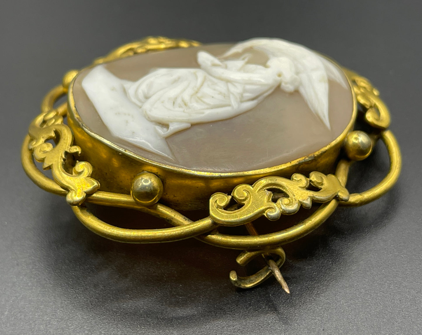 Large vintage hand-carved shell cameo brooch, pretty scalloped edges, depicting Hebe and Zeus as an eagle (some say Leda & Zeus as a swan)