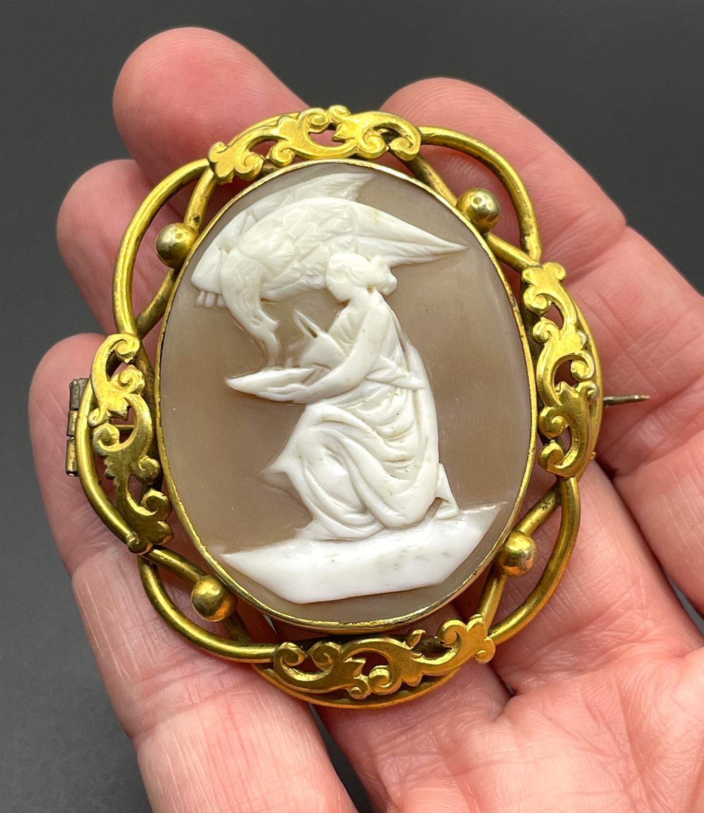 Large vintage hand-carved shell cameo brooch, pretty scalloped edges, depicting Hebe and Zeus as an eagle (some say Leda & Zeus as a swan)