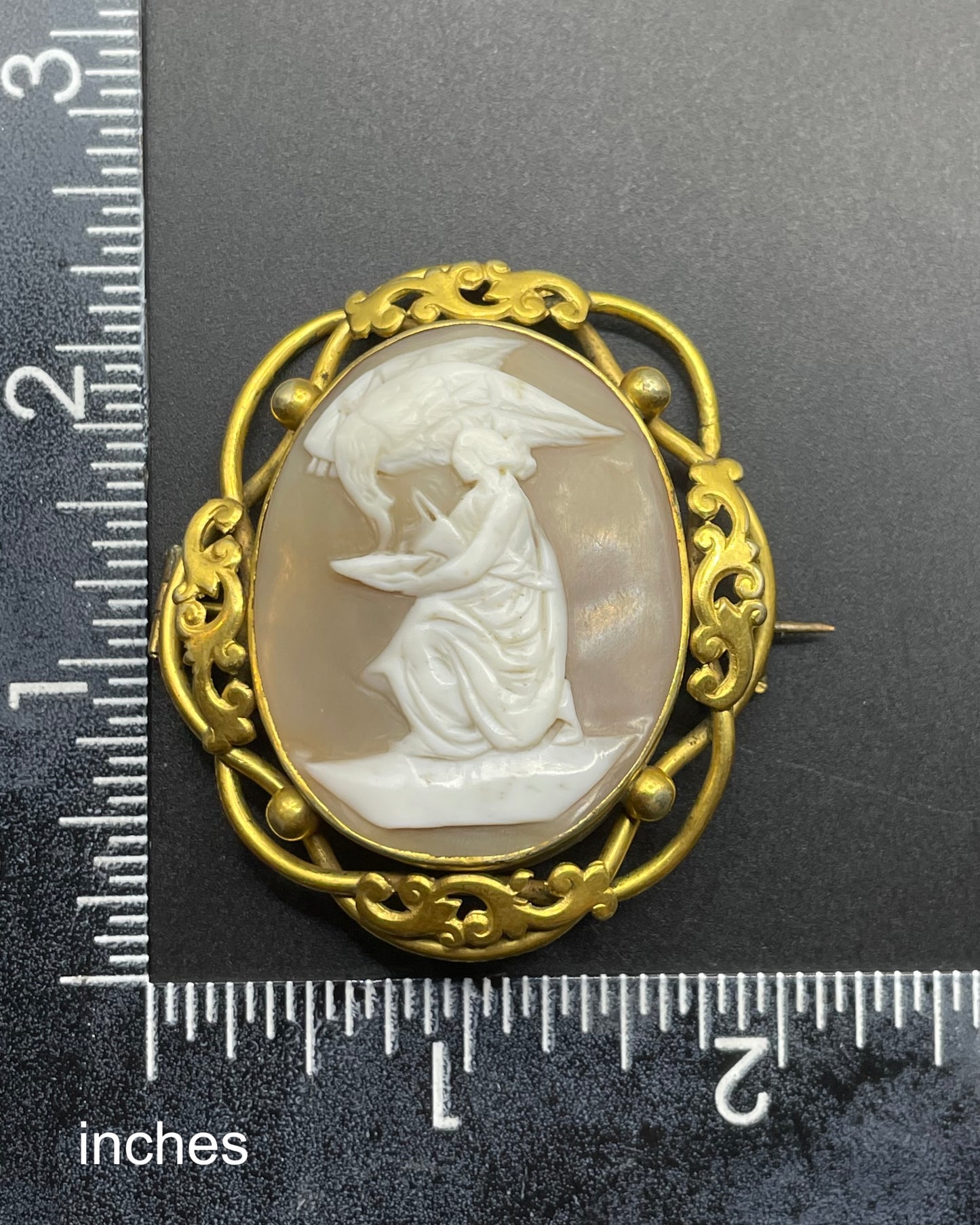 Large vintage hand-carved shell cameo brooch, pretty scalloped edges, depicting Hebe and Zeus as an eagle (some say Leda & Zeus as a swan)