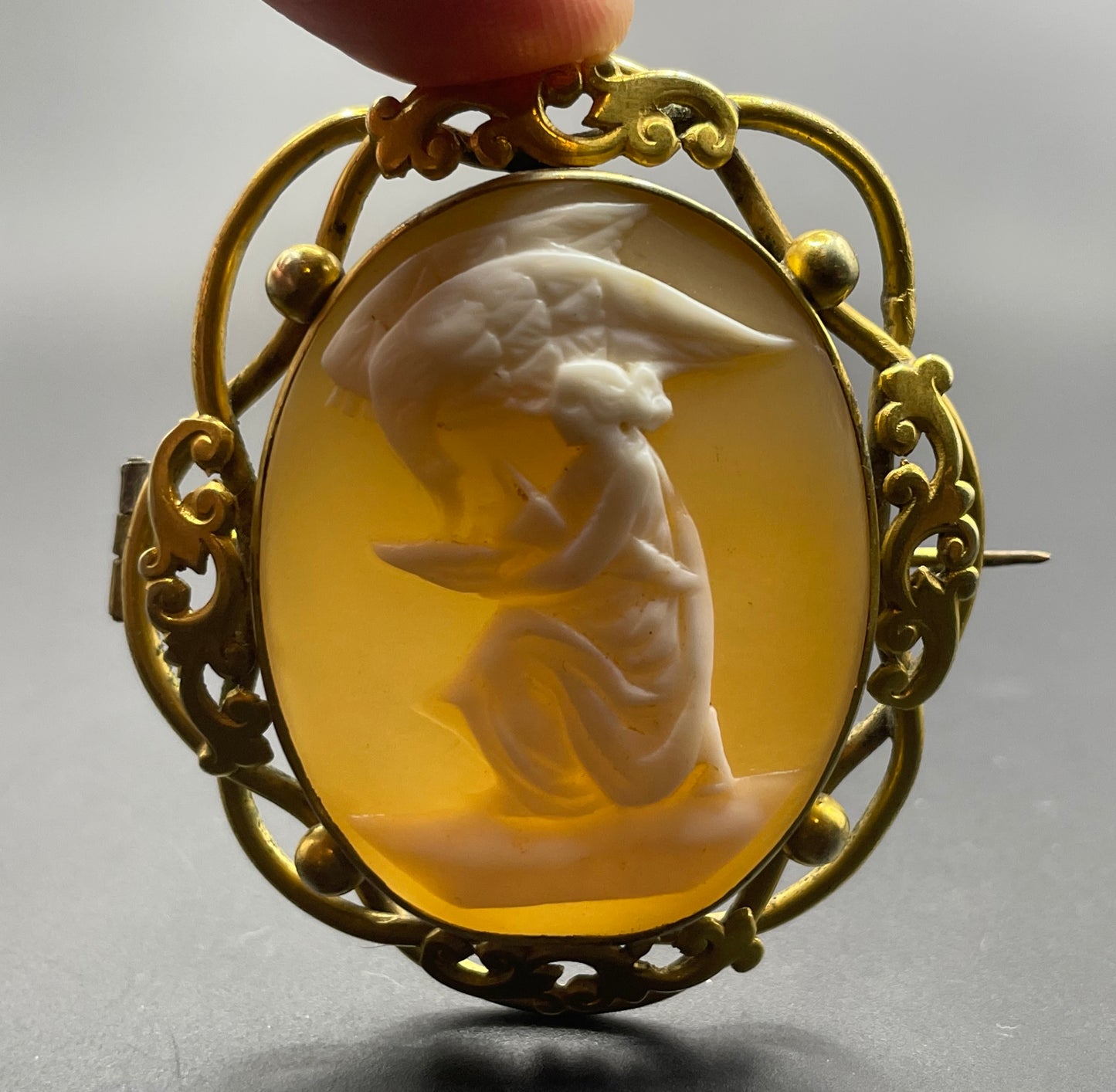 Large vintage hand-carved shell cameo brooch, pretty scalloped edges, depicting Hebe and Zeus as an eagle (some say Leda & Zeus as a swan)