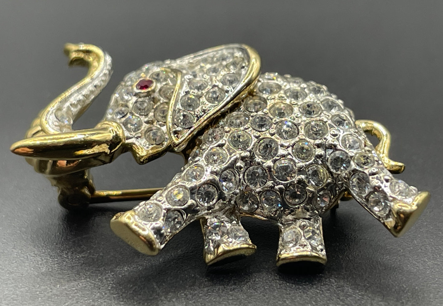 Vintage signed Attwood and Sawyer A&S 22ct gold plated and rhinestone elephant brooch, so adorable