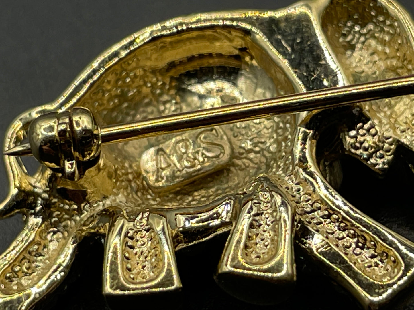 Vintage signed Attwood and Sawyer A&S 22ct gold plated and rhinestone elephant brooch, so adorable