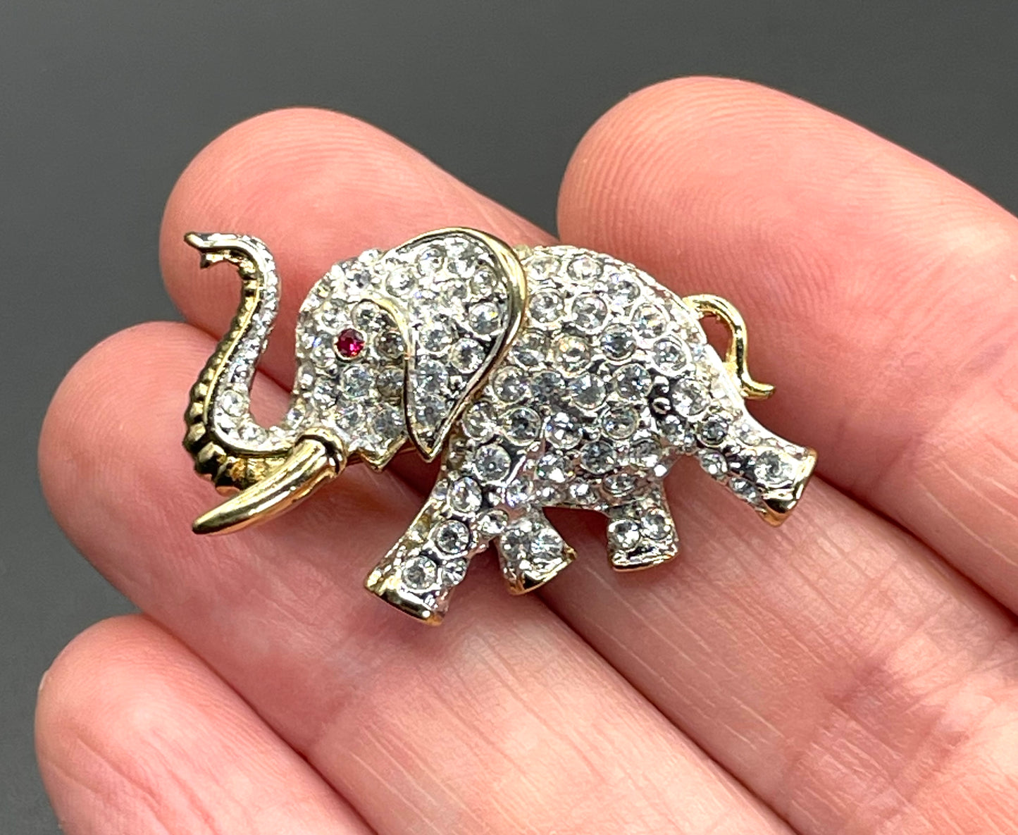 Vintage signed Attwood and Sawyer A&S 22ct gold plated and rhinestone elephant brooch, so adorable