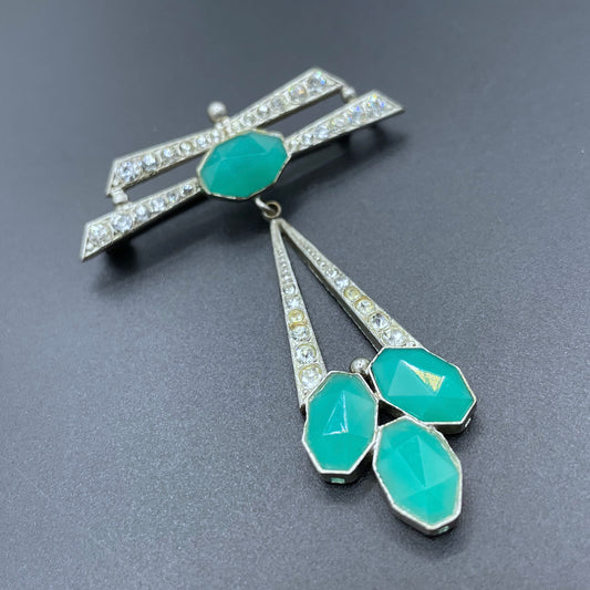 Vintage Art Deco aqua blue paste rhinestone geometric dangle brooch with chrysoprase coloured and clear crystals set in silver tone