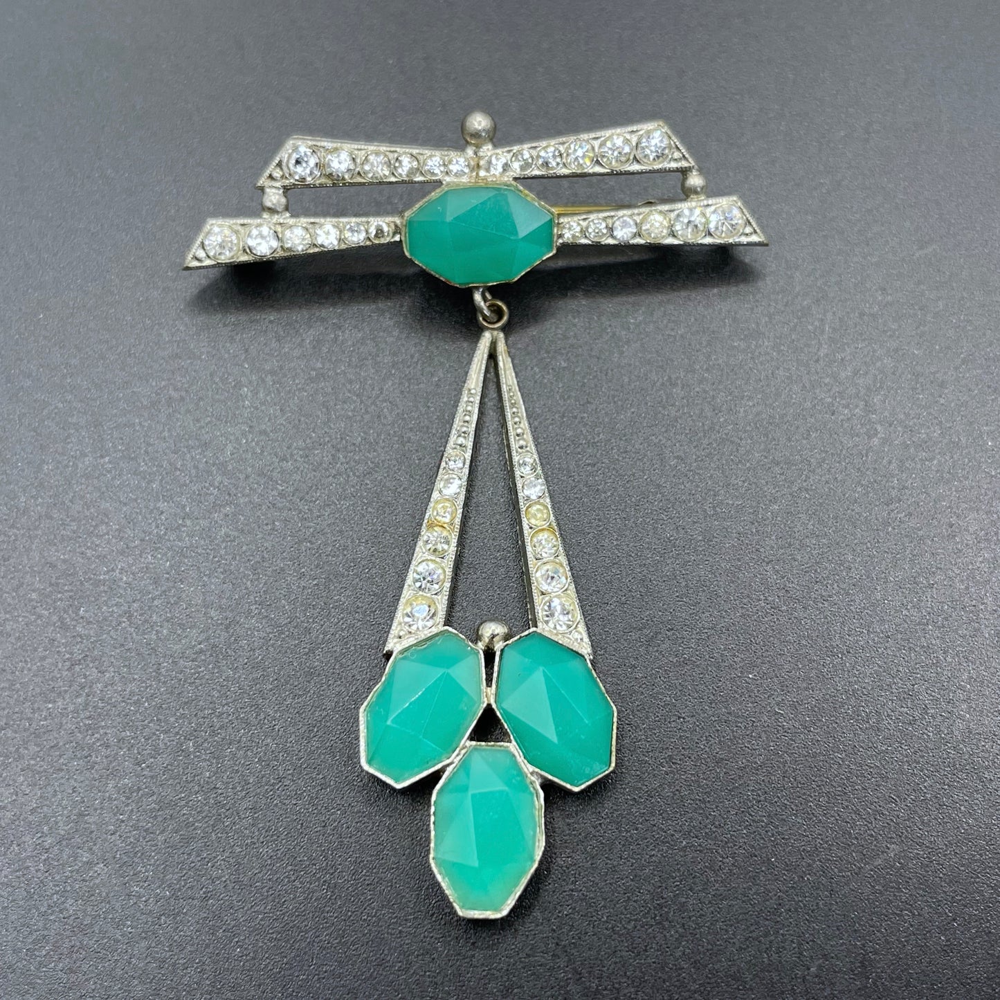 Vintage Art Deco aqua blue paste rhinestone geometric dangle brooch with chrysoprase coloured and clear crystals set in silver tone