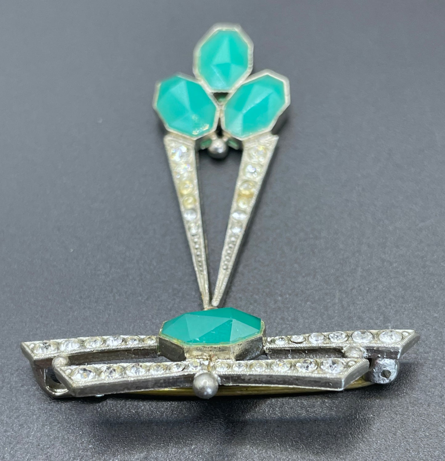 Vintage Art Deco aqua blue paste rhinestone geometric dangle brooch with chrysoprase coloured and clear crystals set in silver tone