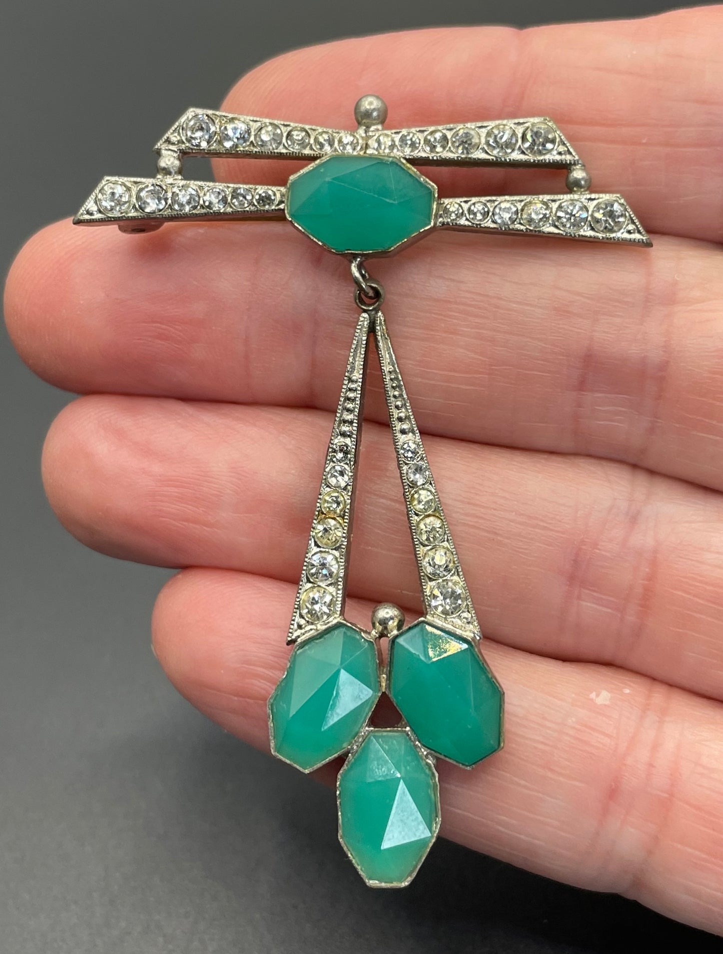 Vintage Art Deco aqua blue paste rhinestone geometric dangle brooch with chrysoprase coloured and clear crystals set in silver tone
