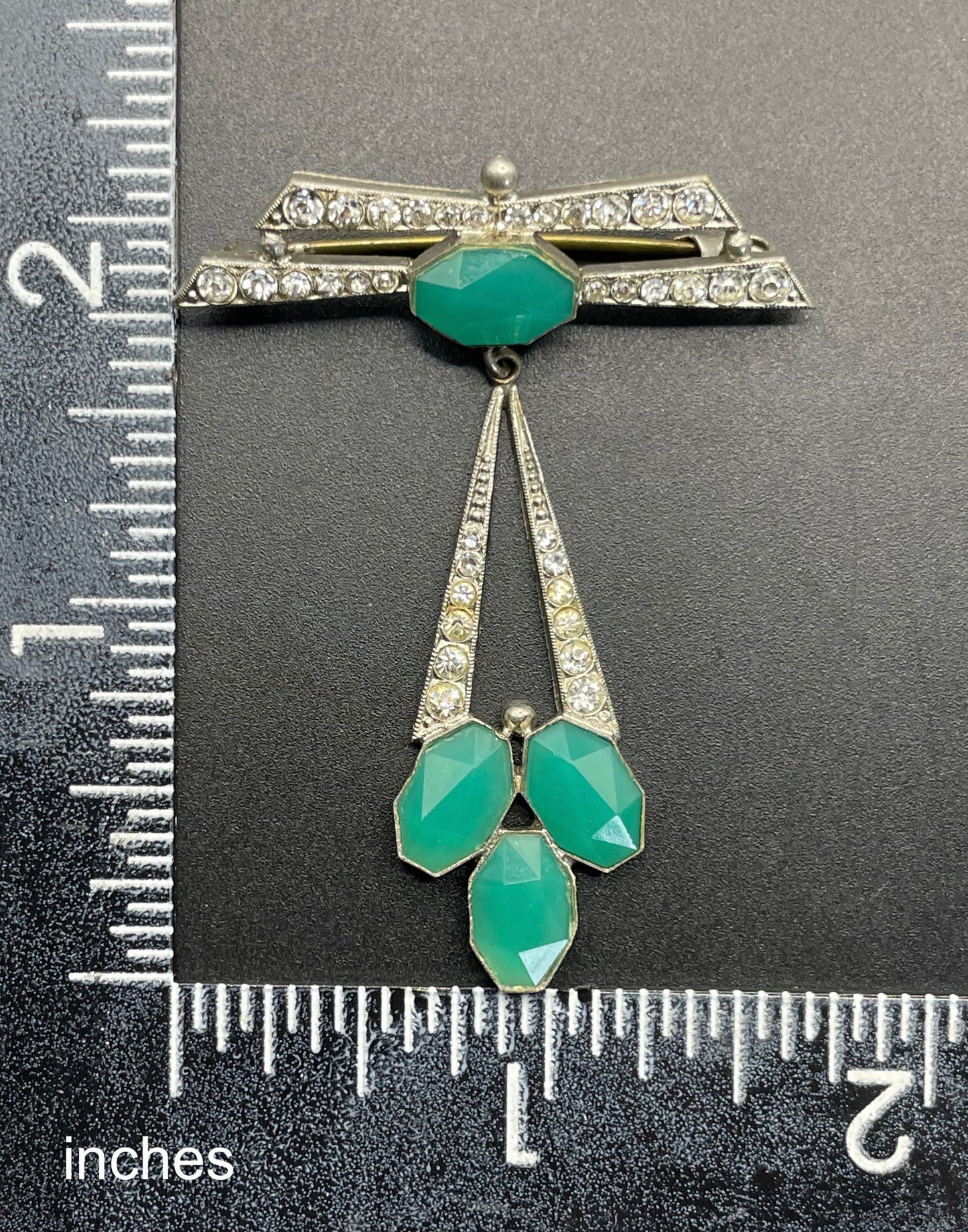 Vintage Art Deco aqua blue paste rhinestone geometric dangle brooch with chrysoprase coloured and clear crystals set in silver tone