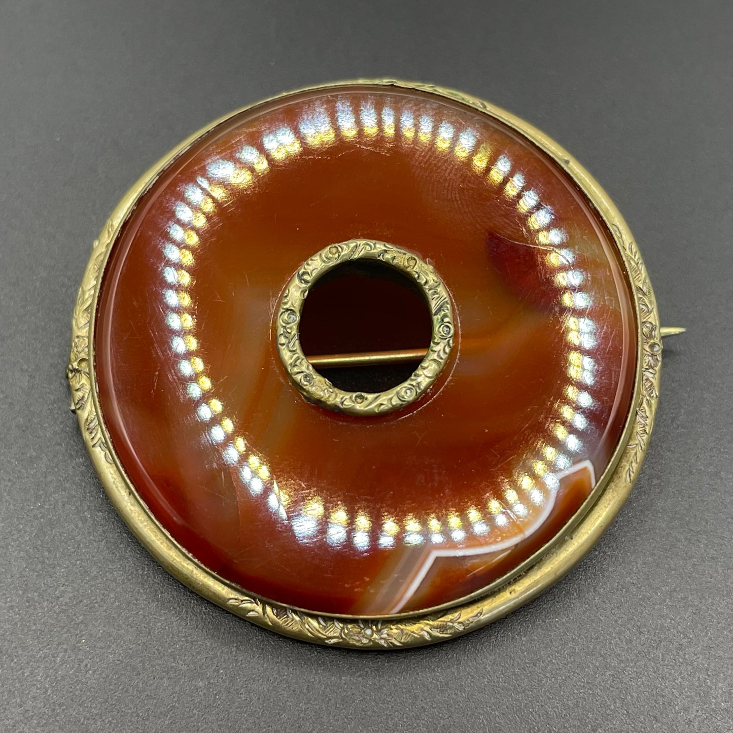 Large antique Victorian Scottish carnelian agate and gold tone circular ring brooch pin, beautiful orange stone