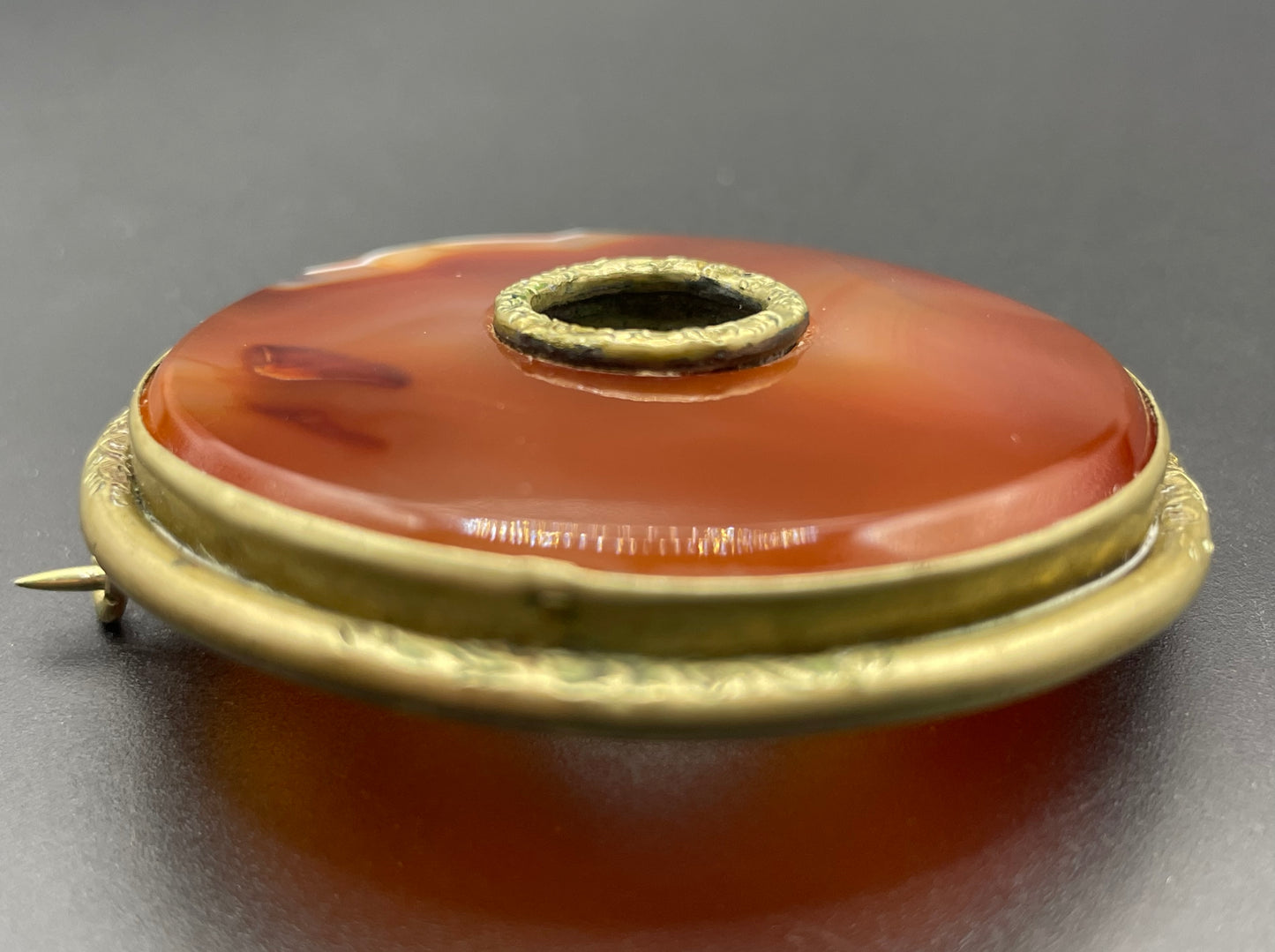 Large antique Victorian Scottish carnelian agate and gold tone circular ring brooch pin, beautiful orange stone