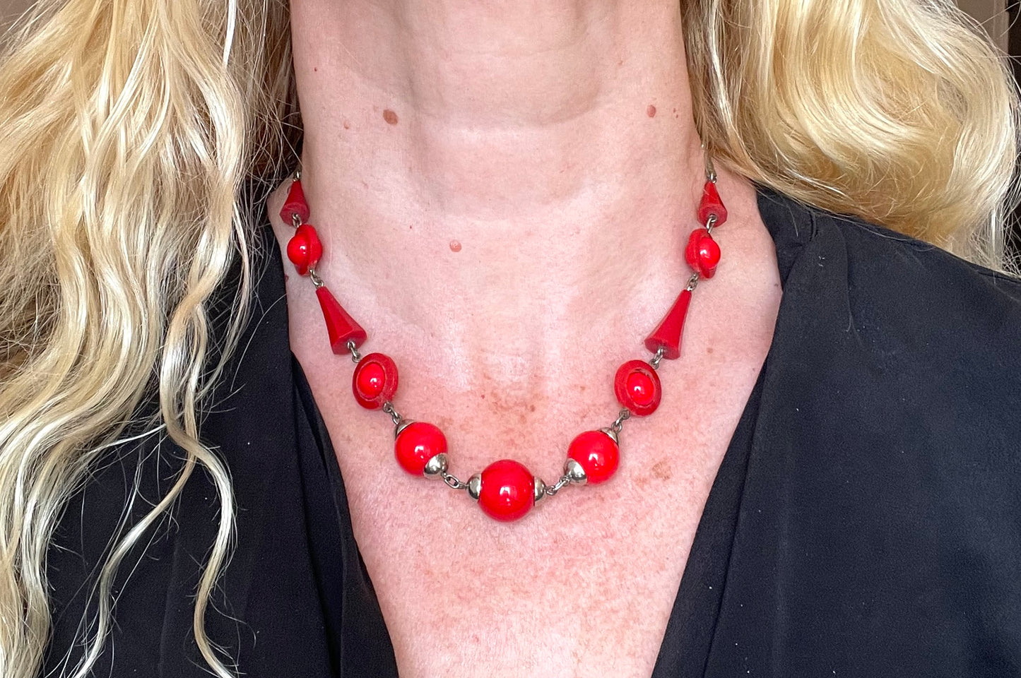 Vintage Art Deco red glass bead and machine age chrome silver tone necklace