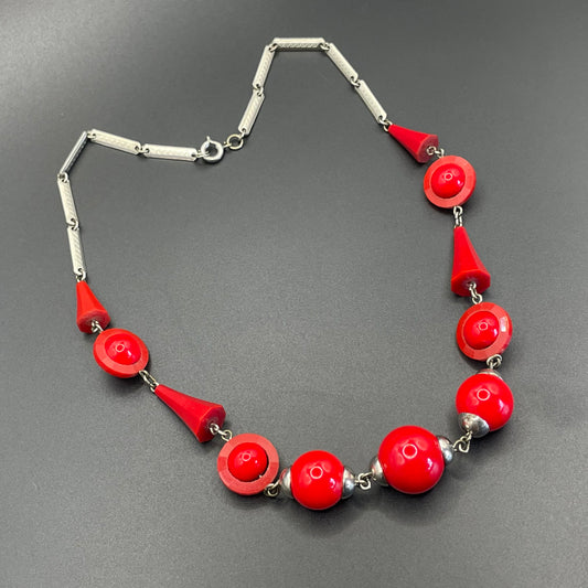 Vintage Art Deco red glass bead and machine age chrome silver tone necklace
