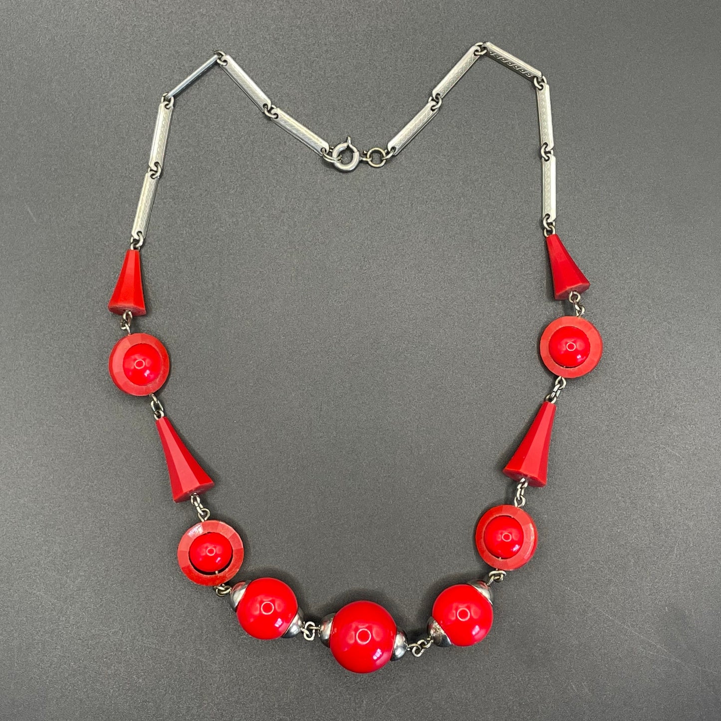 Vintage Art Deco red glass bead and machine age chrome silver tone necklace