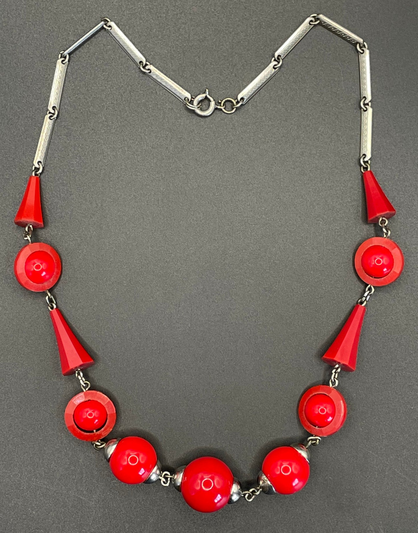 Vintage Art Deco red glass bead and machine age chrome silver tone necklace
