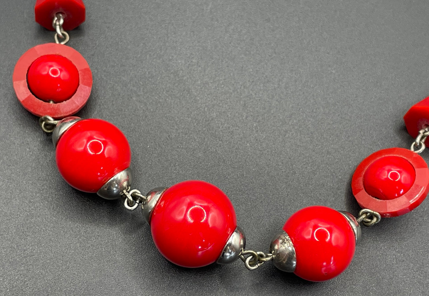 Vintage Art Deco red glass bead and machine age chrome silver tone necklace