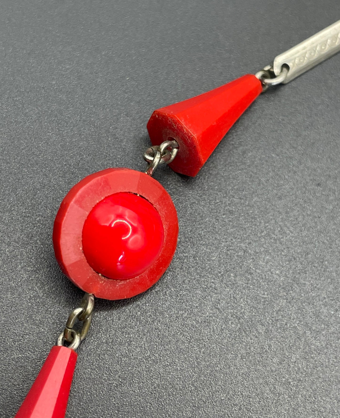 Vintage Art Deco red glass bead and machine age chrome silver tone necklace