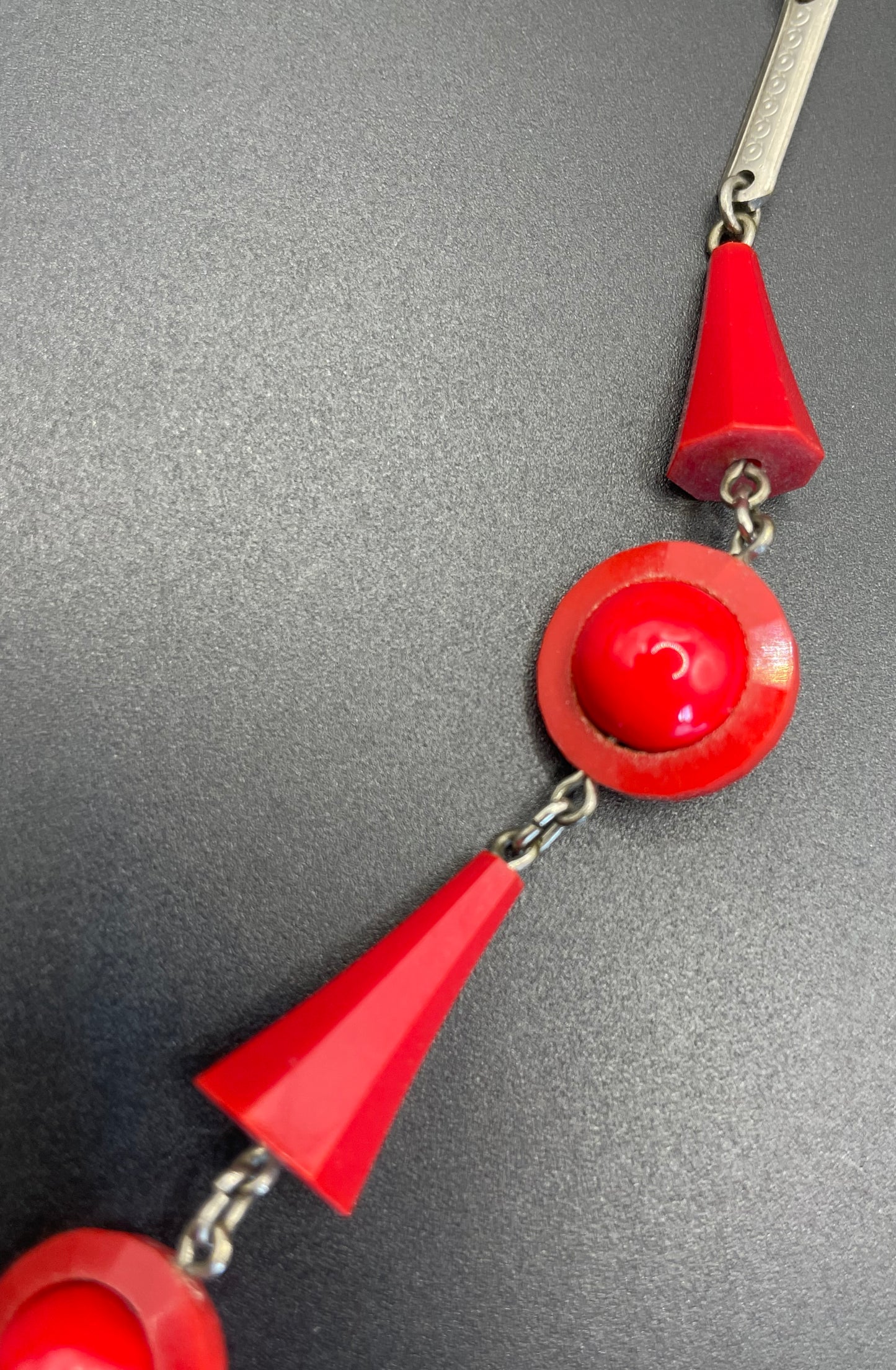 Vintage Art Deco red glass bead and machine age chrome silver tone necklace