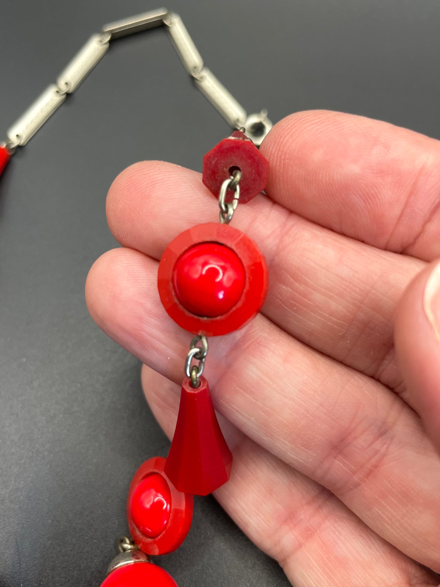 Vintage Art Deco red glass bead and machine age chrome silver tone necklace