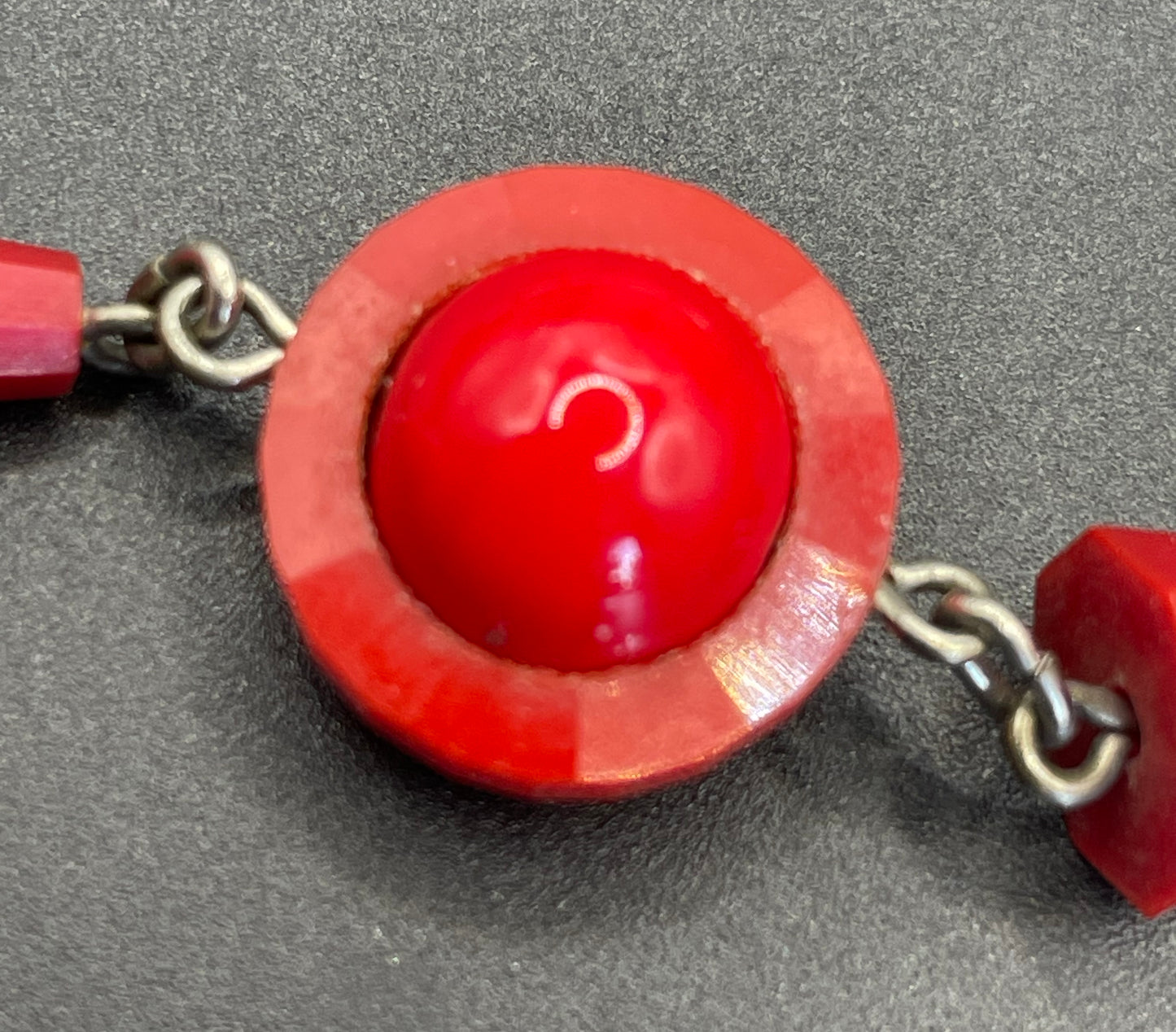 Vintage Art Deco red glass bead and machine age chrome silver tone necklace