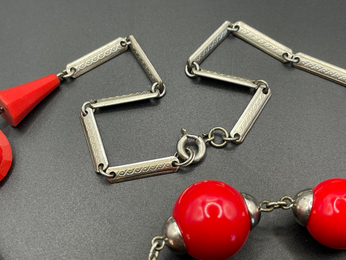 Vintage Art Deco red glass bead and machine age chrome silver tone necklace