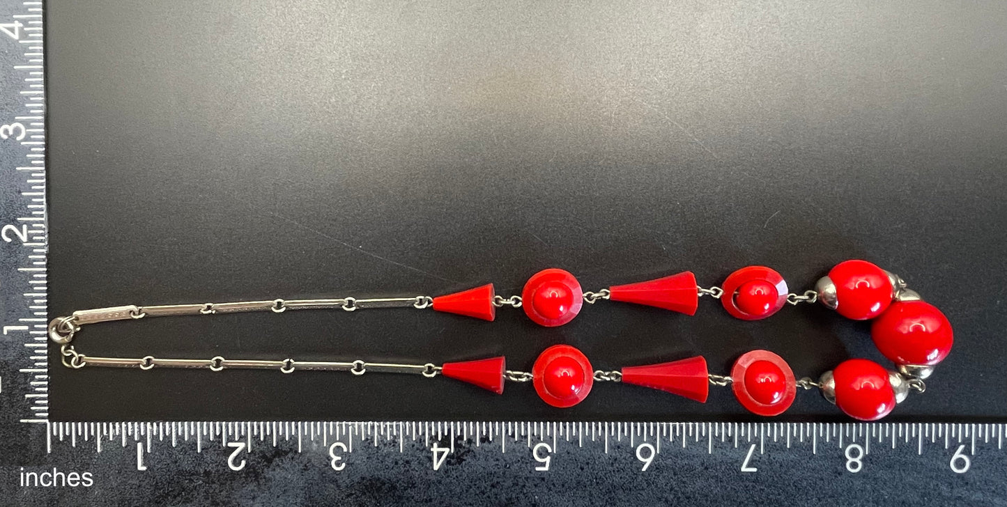 Vintage Art Deco red glass bead and machine age chrome silver tone necklace