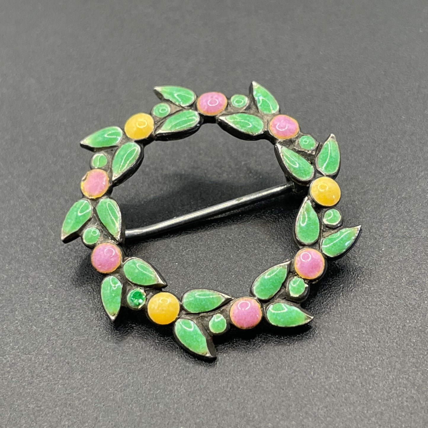Antique Bernard Instone sterling silver (tested) and hand painted pink, yellow and green enamel Arts and Crafts brooch, petite size