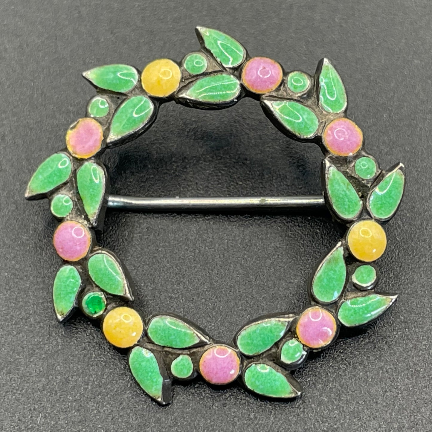 Antique Bernard Instone sterling silver (tested) and hand painted pink, yellow and green enamel Arts and Crafts brooch, petite size