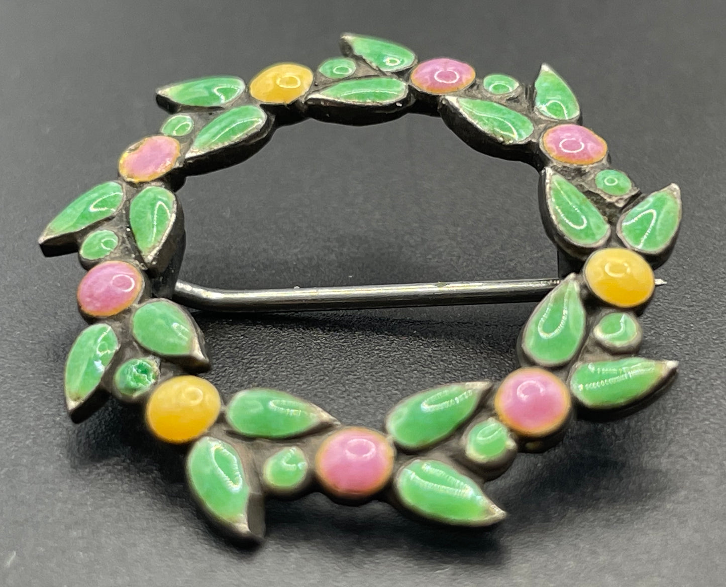 Antique Bernard Instone sterling silver (tested) and hand painted pink, yellow and green enamel Arts and Crafts brooch, petite size
