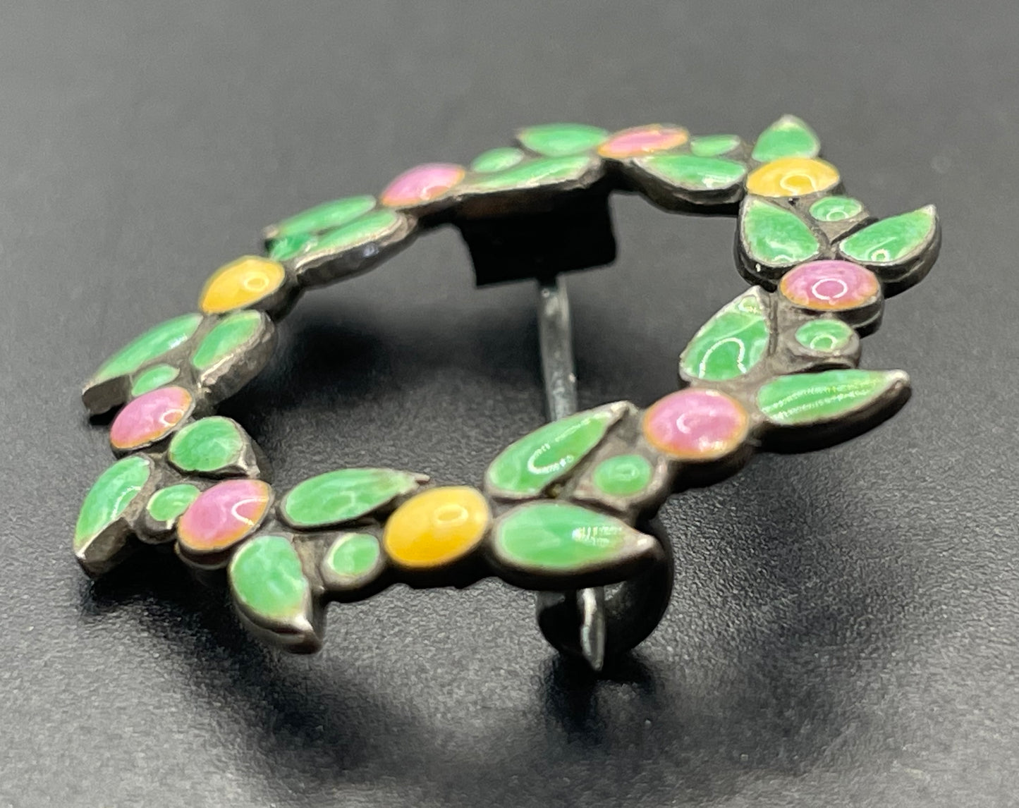 Antique Bernard Instone sterling silver (tested) and hand painted pink, yellow and green enamel Arts and Crafts brooch, petite size