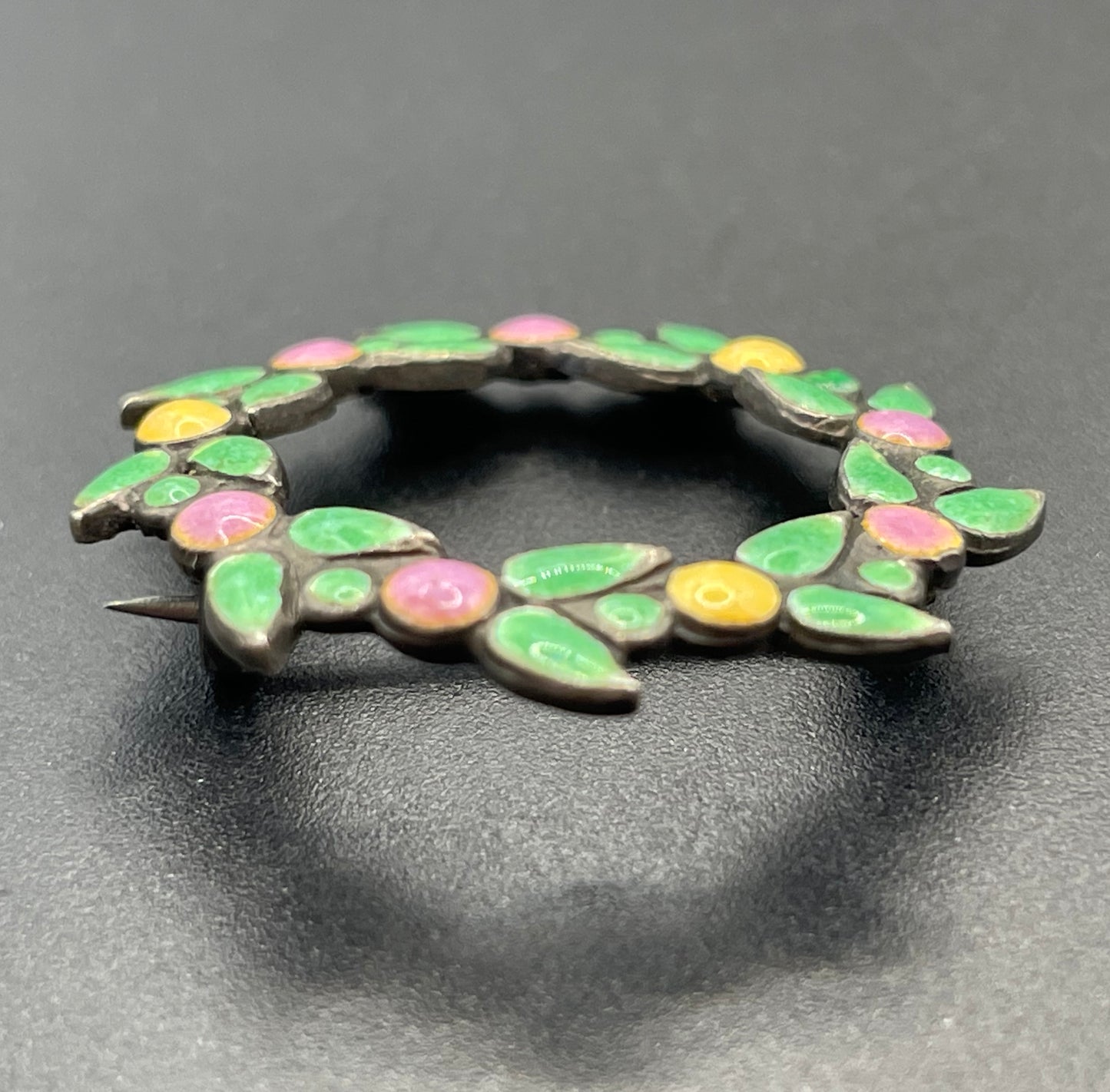 Antique Bernard Instone sterling silver (tested) and hand painted pink, yellow and green enamel Arts and Crafts brooch, petite size