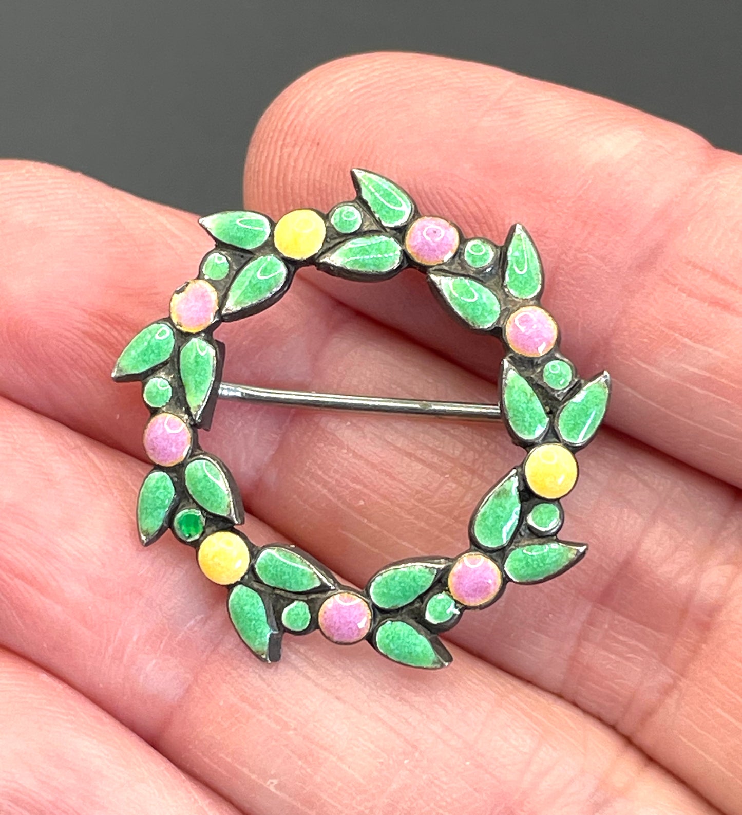 Antique Bernard Instone sterling silver (tested) and hand painted pink, yellow and green enamel Arts and Crafts brooch, petite size