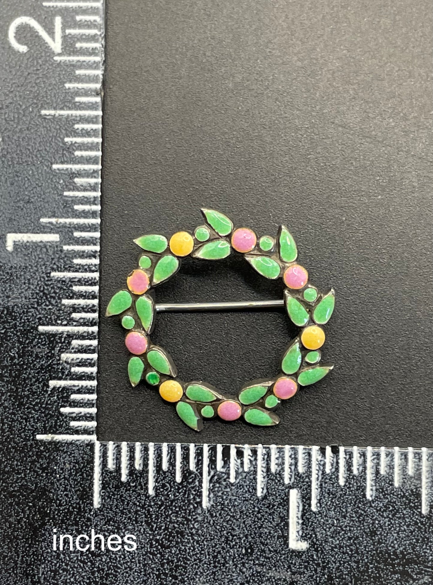 Antique Bernard Instone sterling silver (tested) and hand painted pink, yellow and green enamel Arts and Crafts brooch, petite size