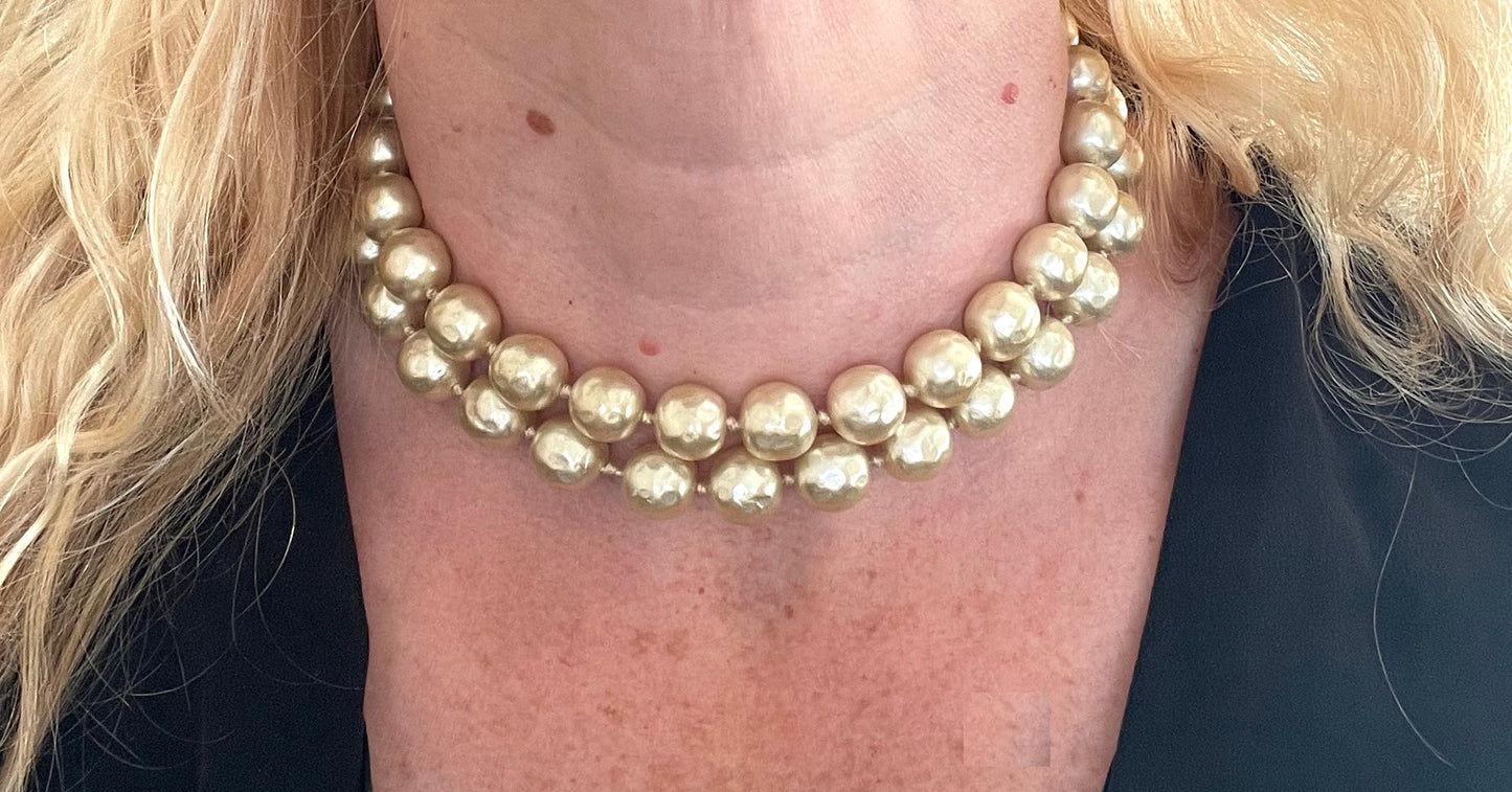 Vintage possible Louis Rousselet baroque faux pearl double stranded choker necklace, heavy cream coloured glass pearls, hand-knotted