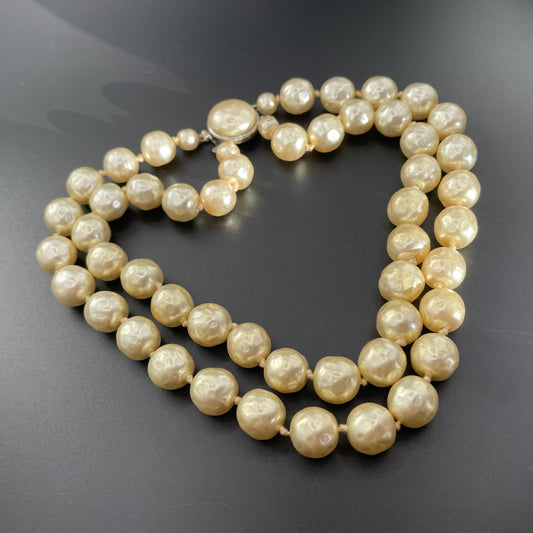 Vintage possible Louis Rousselet baroque faux pearl double stranded choker necklace, heavy cream coloured glass pearls, hand-knotted