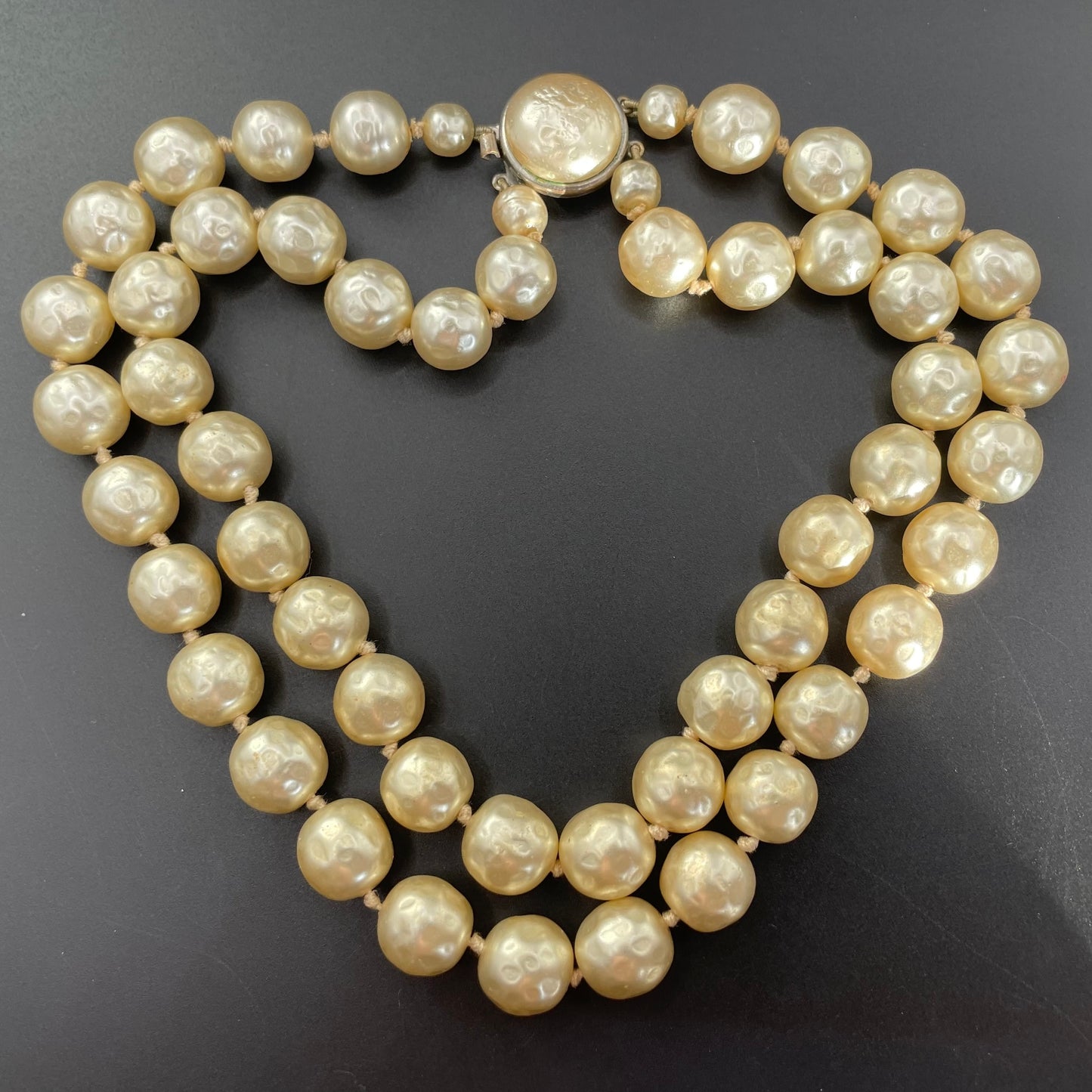 Vintage possible Louis Rousselet baroque faux pearl double stranded choker necklace, heavy cream coloured glass pearls, hand-knotted