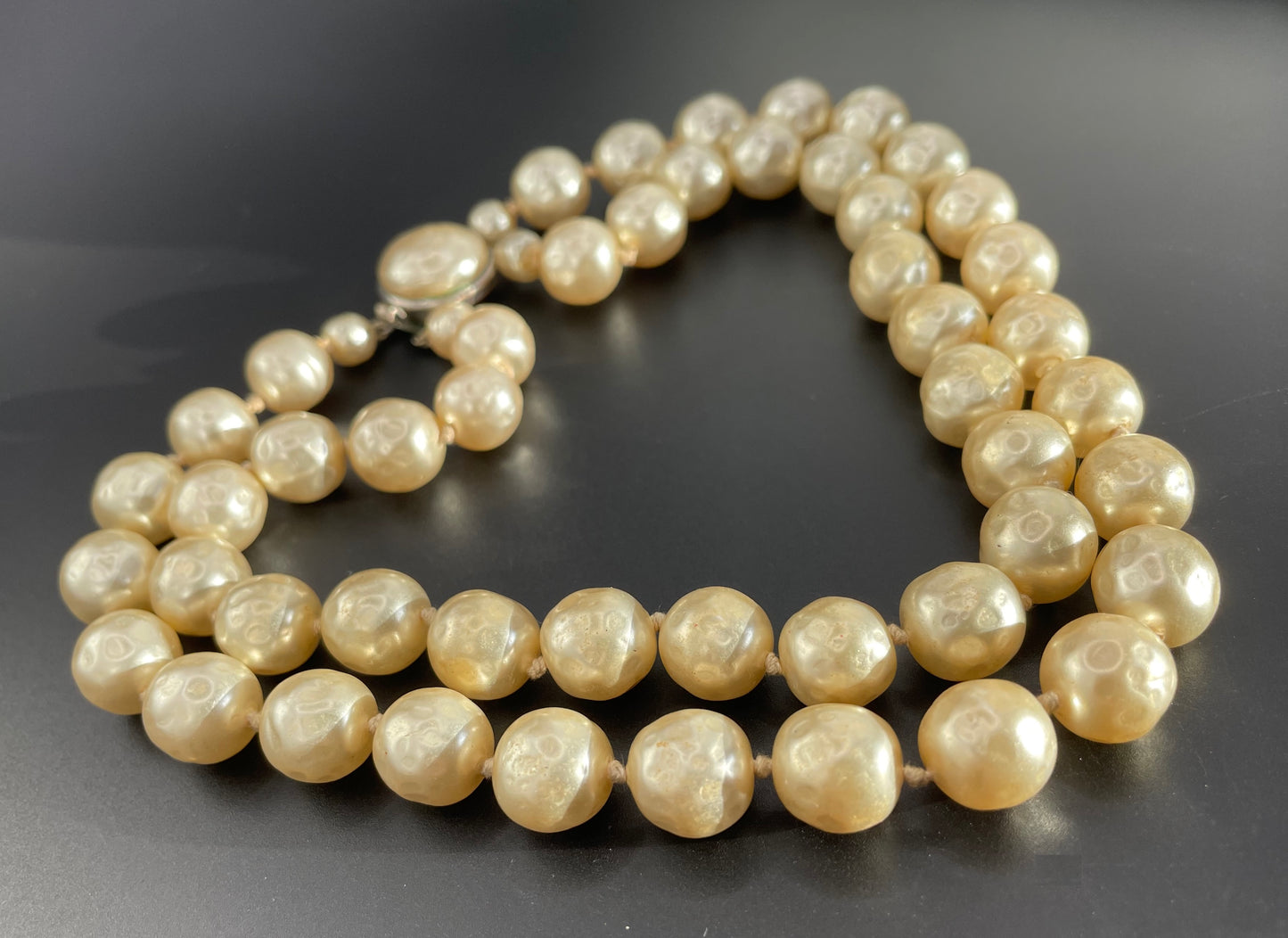 Vintage possible Louis Rousselet baroque faux pearl double stranded choker necklace, heavy cream coloured glass pearls, hand-knotted