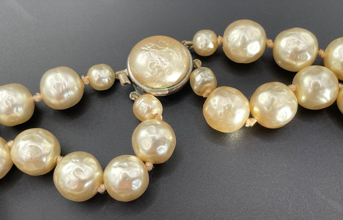 Vintage possible Louis Rousselet baroque faux pearl double stranded choker necklace, heavy cream coloured glass pearls, hand-knotted
