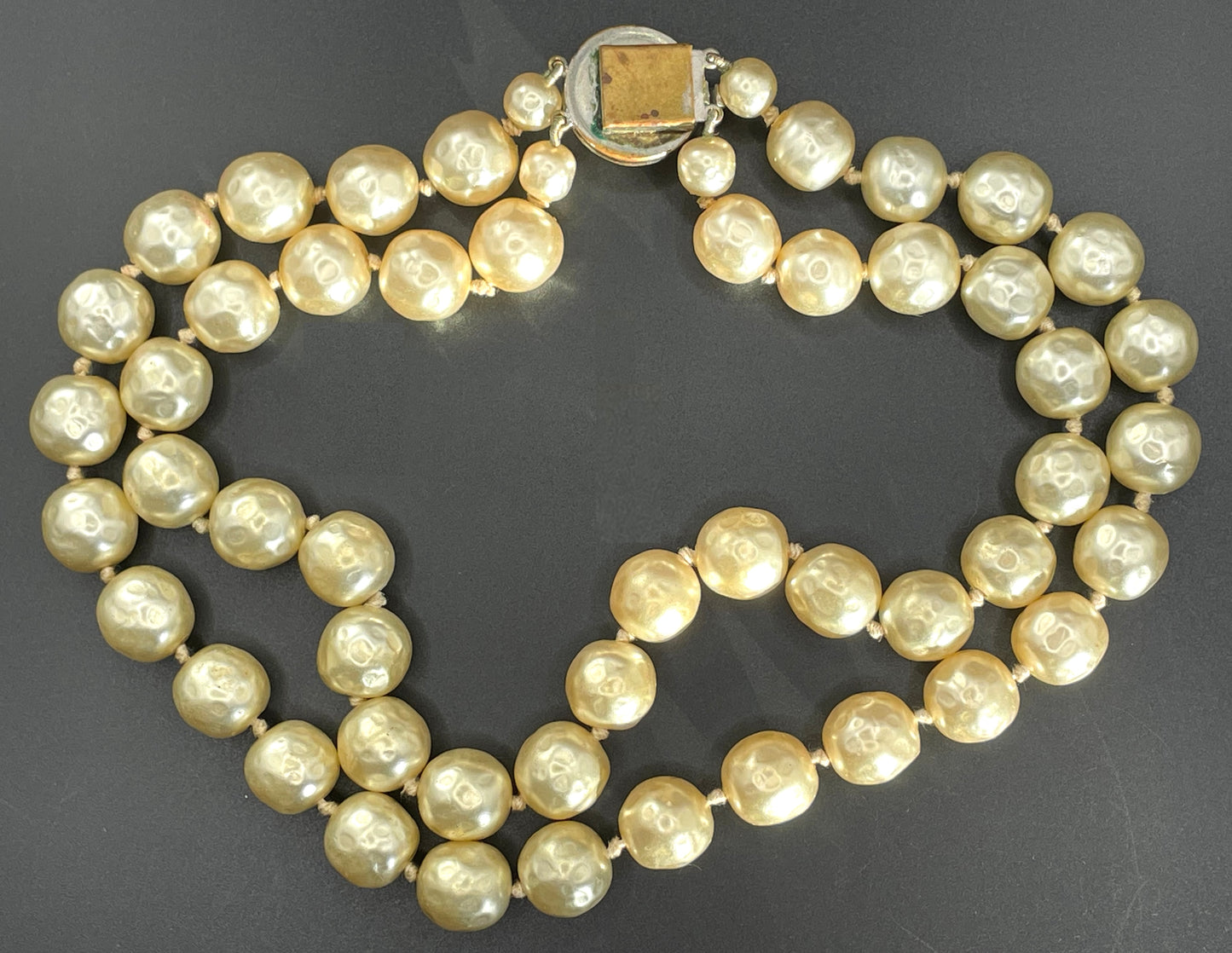 Vintage possible Louis Rousselet baroque faux pearl double stranded choker necklace, heavy cream coloured glass pearls, hand-knotted