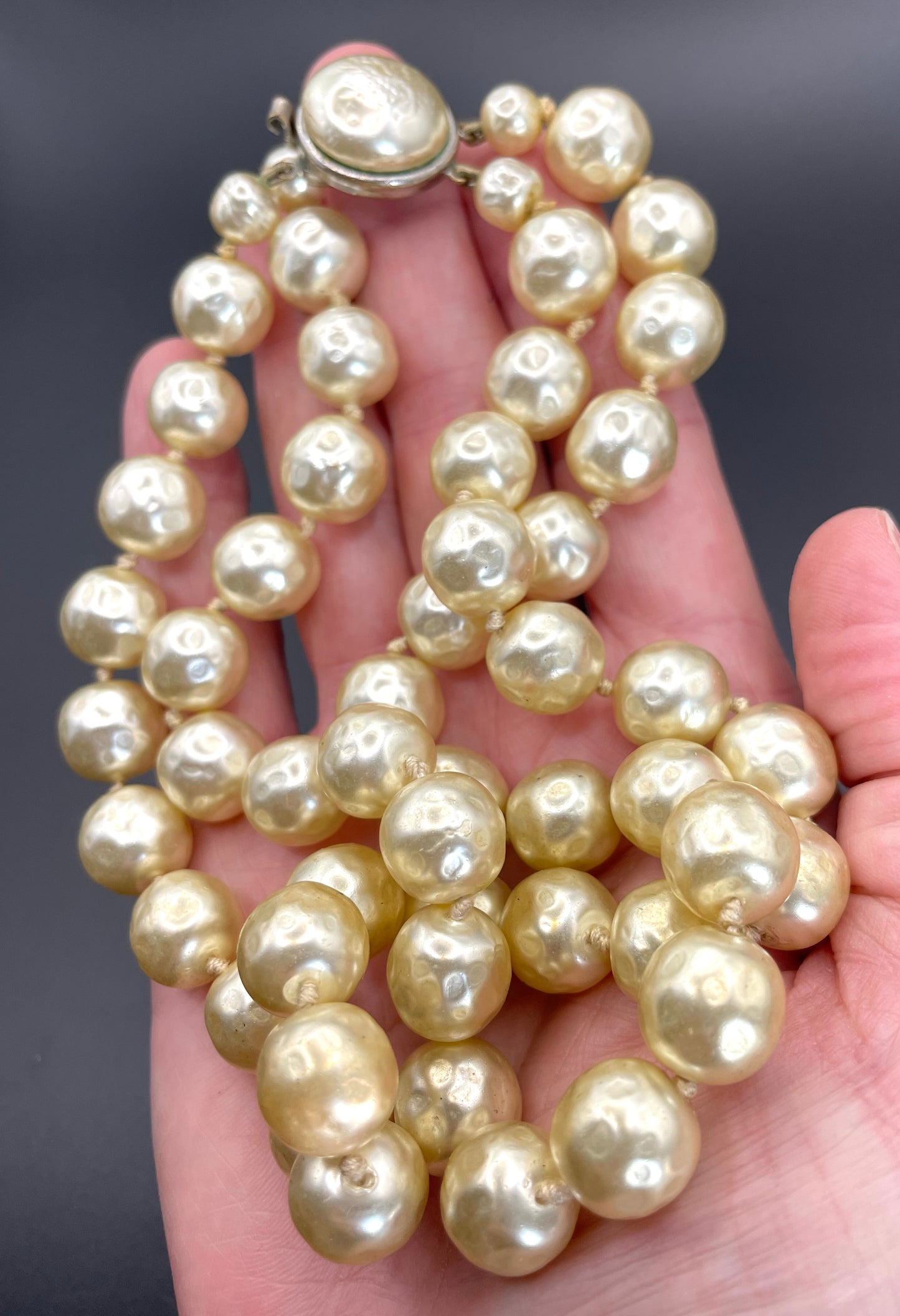 Vintage possible Louis Rousselet baroque faux pearl double stranded choker necklace, heavy cream coloured glass pearls, hand-knotted