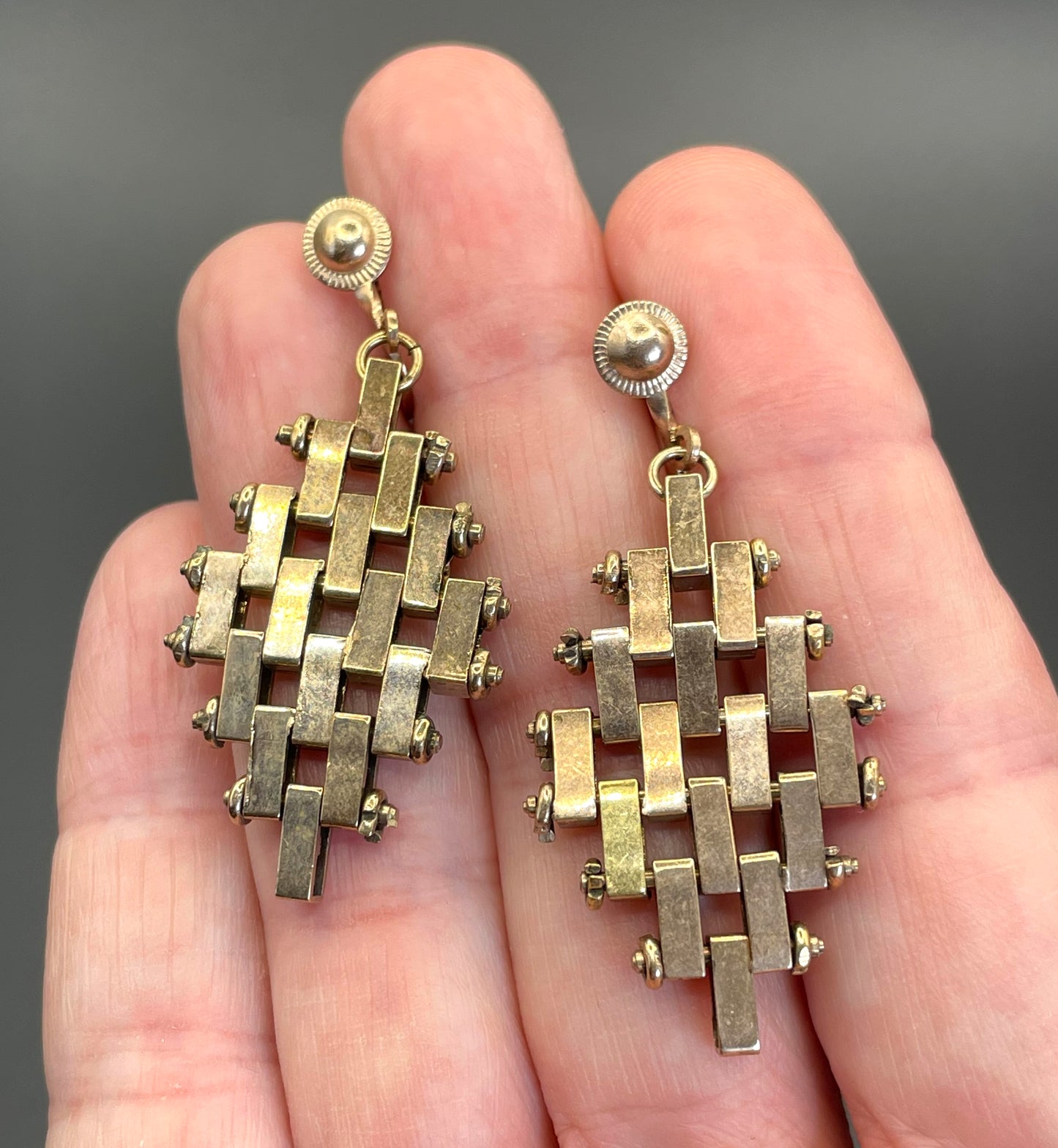 Vintage Jakob Bengel brickwork / mauerwerk gold tone screw back earrings Art Deco 1930s machine age