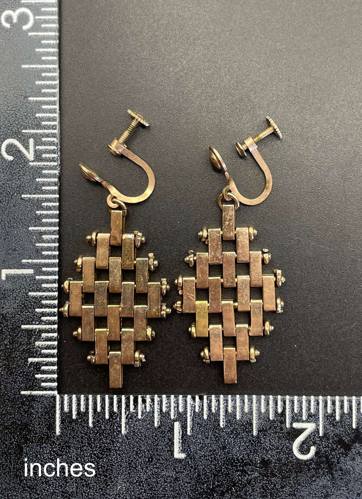 Vintage Jakob Bengel brickwork / mauerwerk gold tone screw back earrings Art Deco 1930s machine age