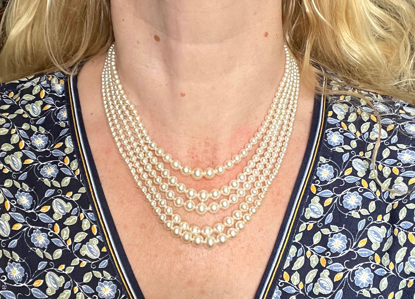 Vintage five strand glass faux pearl necklace with ornate clear rhinestone box clasp, graduated glass pearls