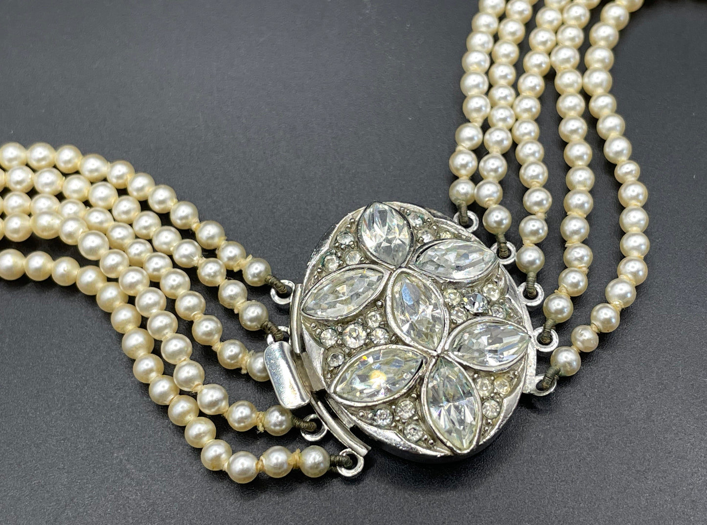 Vintage five strand glass faux pearl necklace with ornate clear rhinestone box clasp, graduated glass pearls