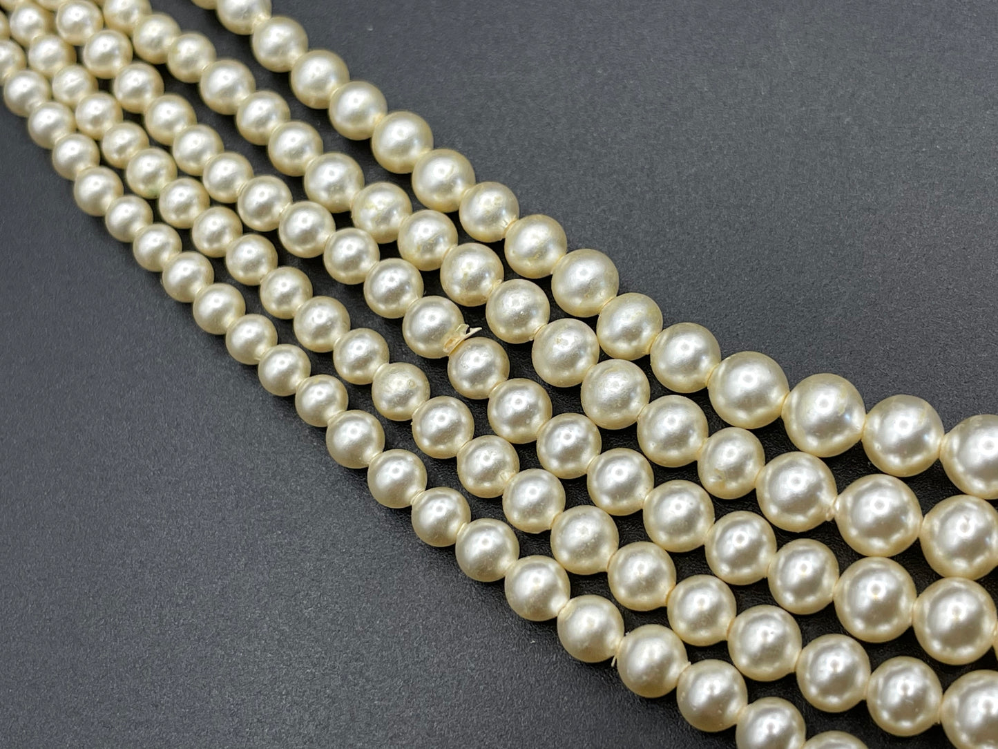 Vintage five strand glass faux pearl necklace with ornate clear rhinestone box clasp, graduated glass pearls